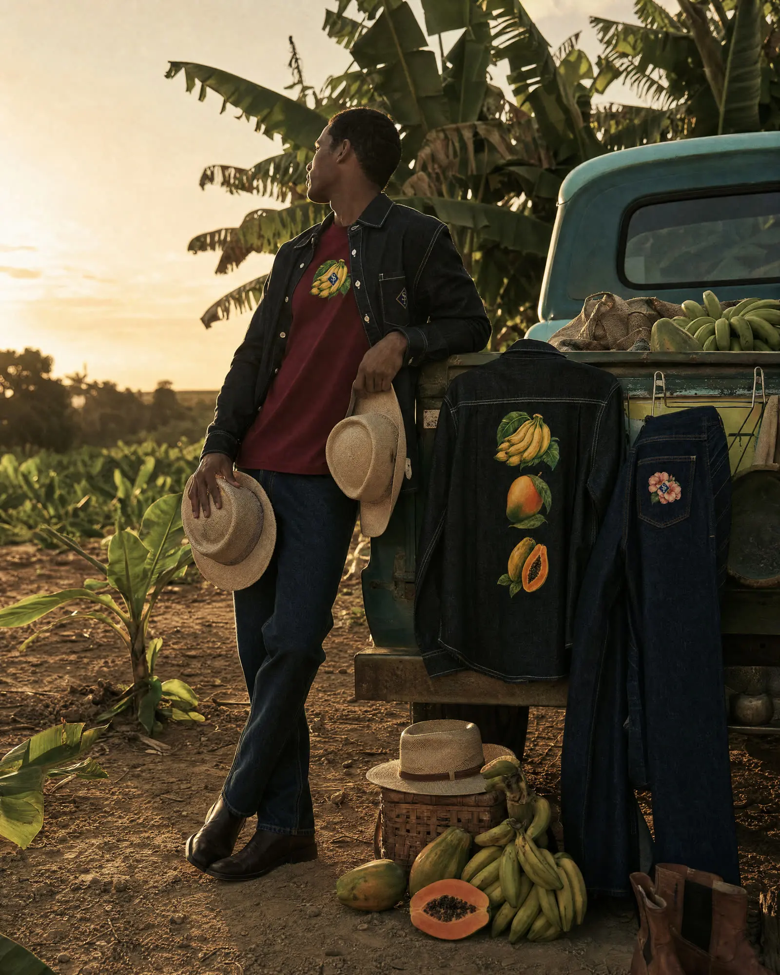 Camiseta vino y vaquero en el platanal al atardecer